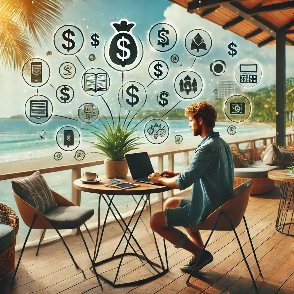 Imagem de um homem trabalhando em seu notebook em frente a uma praia, retratando as vantagens de trabalhar com infoprodutos para nomades digitais.