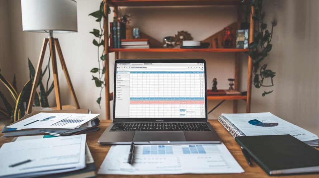 A imagem mostra uma mesa com papéis e um computador com uma planilha aberta, ratificando a importância de ter um Plano Financeiro Antes de Virar Nômade Digital