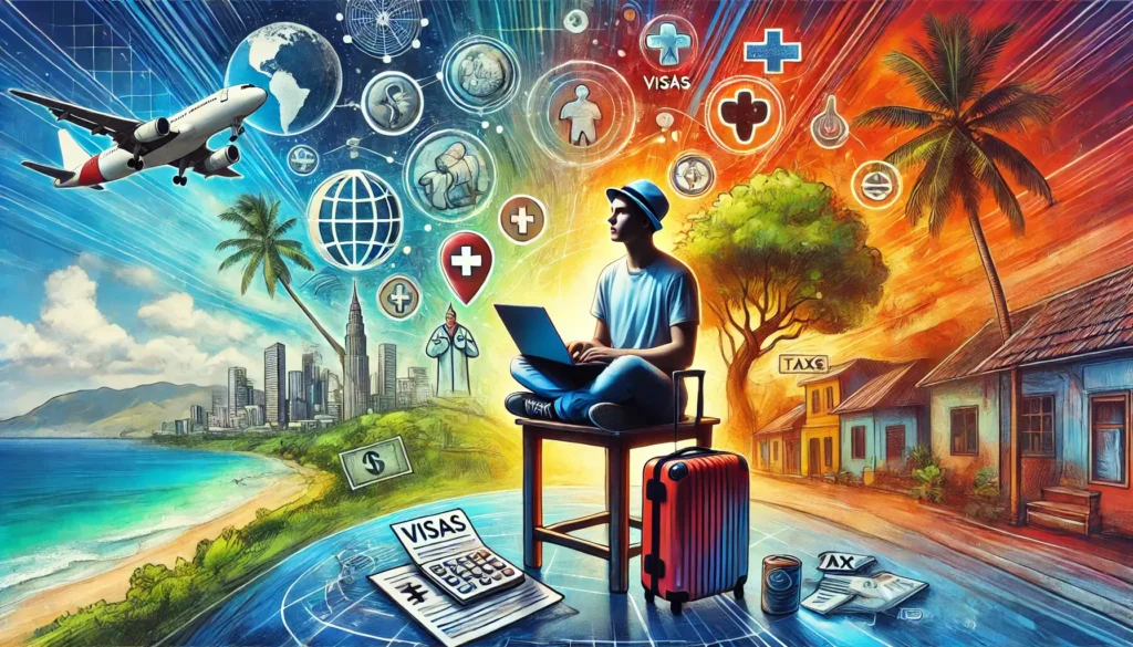 A imagem mostra uma pessoa ao centro com o notebook aberto e ao redor imagens que representam seguros, impostos, vistos, e outros elementos essenciais para descomplicar a burocracia para nômades digitais.